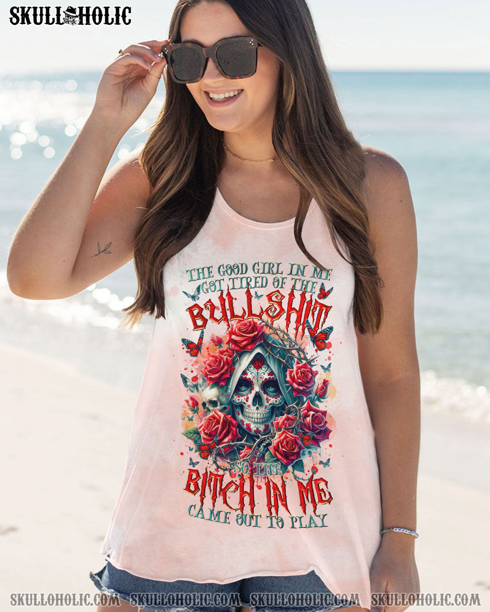 BLISSCORNERS THE GOOD GIRL IN ME SUGAR SKULL ROSE ALL OVER PRINT