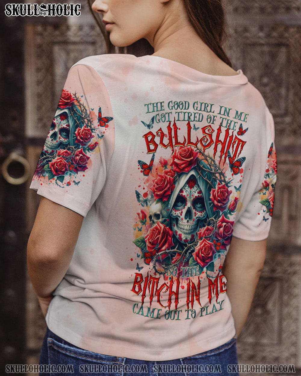 BLISSCORNERS THE GOOD GIRL IN ME SUGAR SKULL ROSE ALL OVER PRINT
