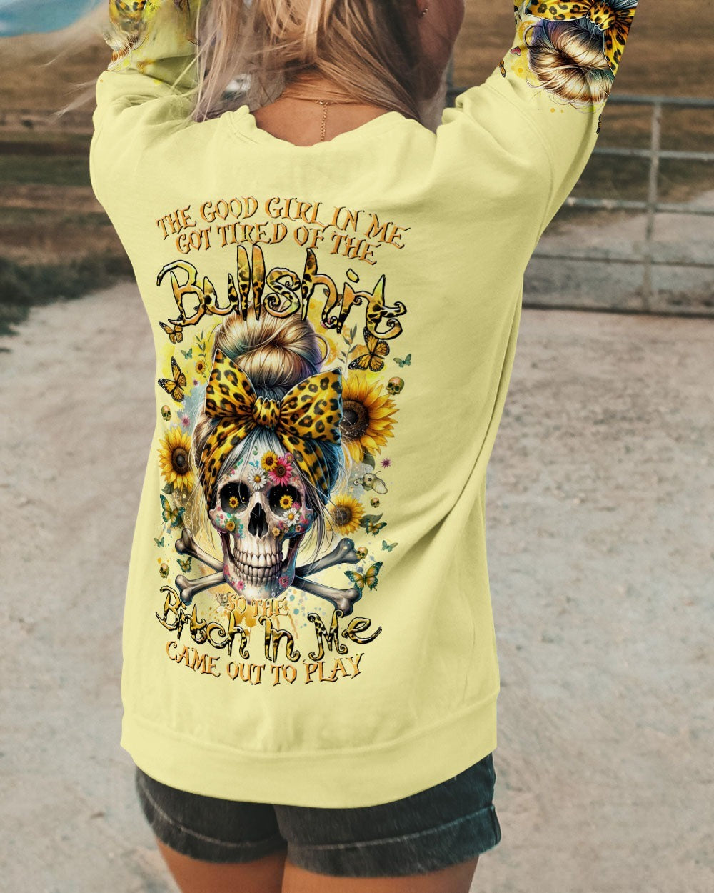 BLISSCORNERS LOVES SKULLS AND HAS TATTOOS MESSY BUN ALL OVER PRINT