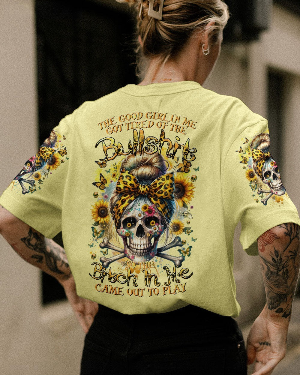 BLISSCORNERS LOVES SKULLS AND HAS TATTOOS MESSY BUN ALL OVER PRINT