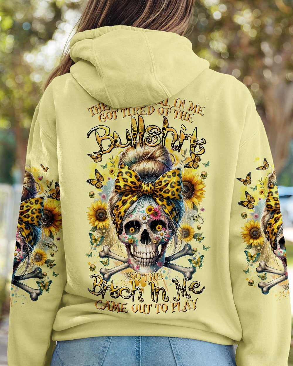 BLISSCORNERS LOVES SKULLS AND HAS TATTOOS MESSY BUN ALL OVER PRINT
