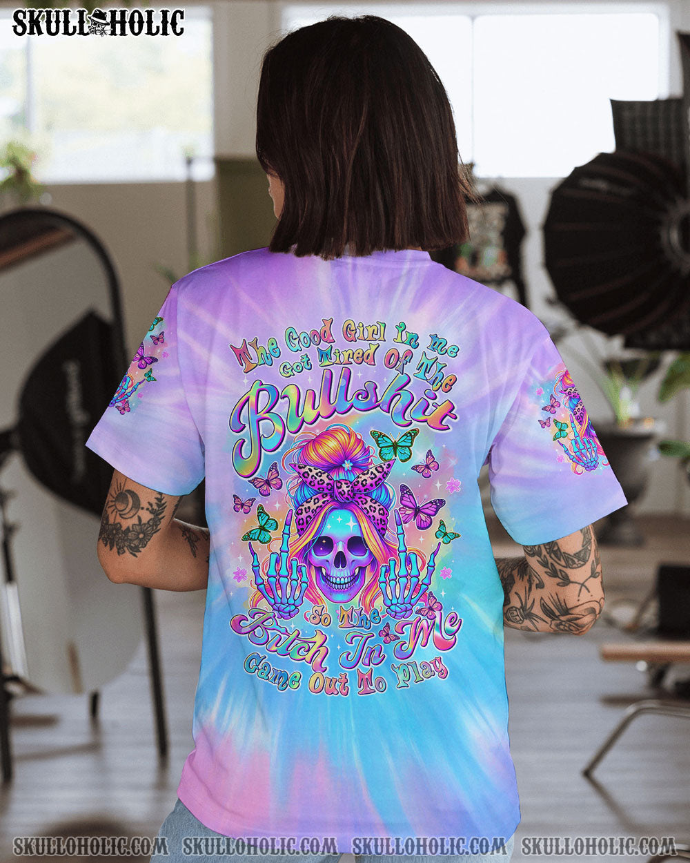 BLISSCORNERS THE GOOD GIRL IN ME SKULL MESSY BUN  ALL OVER PRINT