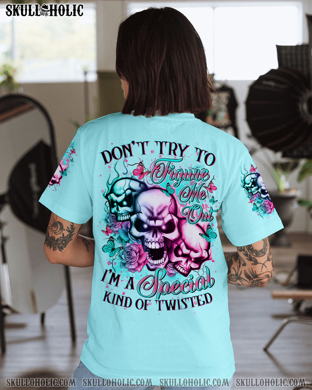 BLISSCORNERS DON'T TRY TO FIGURE ME OUT ROSE MADLY SKULL ALL OVER PRINT