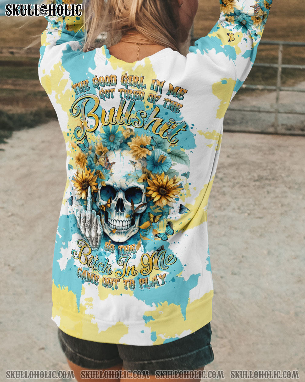 BLISSCORNERS THE GOOD GIRL IN ME SKULL FLOWER ALL OVER PRINT