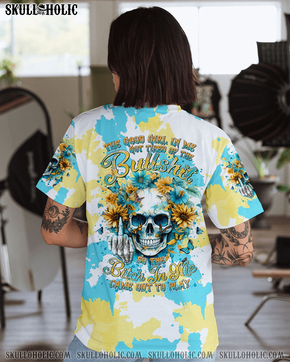 BLISSCORNERS THE GOOD GIRL IN ME SKULL FLOWER ALL OVER PRINT