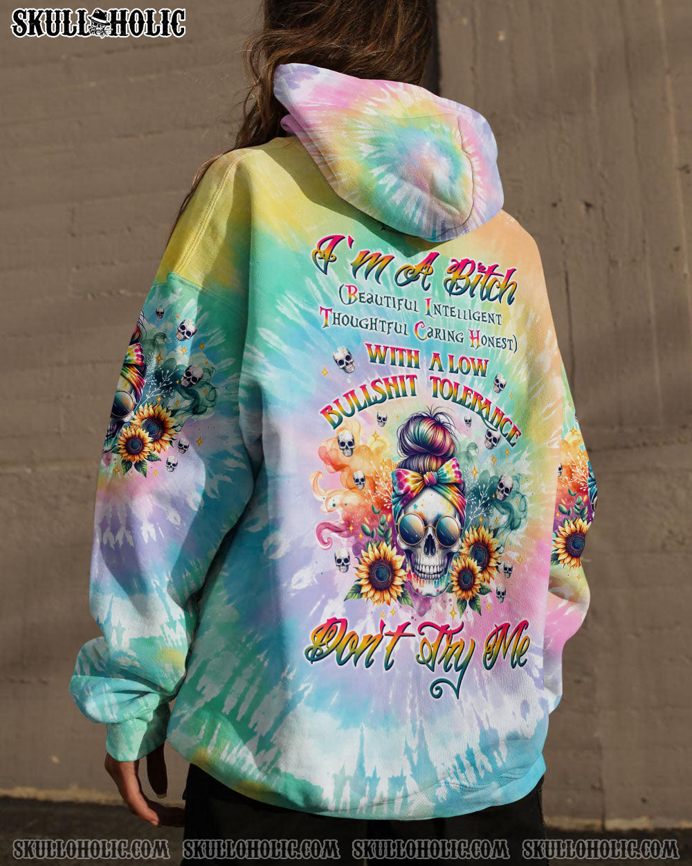 BLISSCORNERS SHE IS SUNSHINE SKULL MESSY BUN ALL OVER PRINT