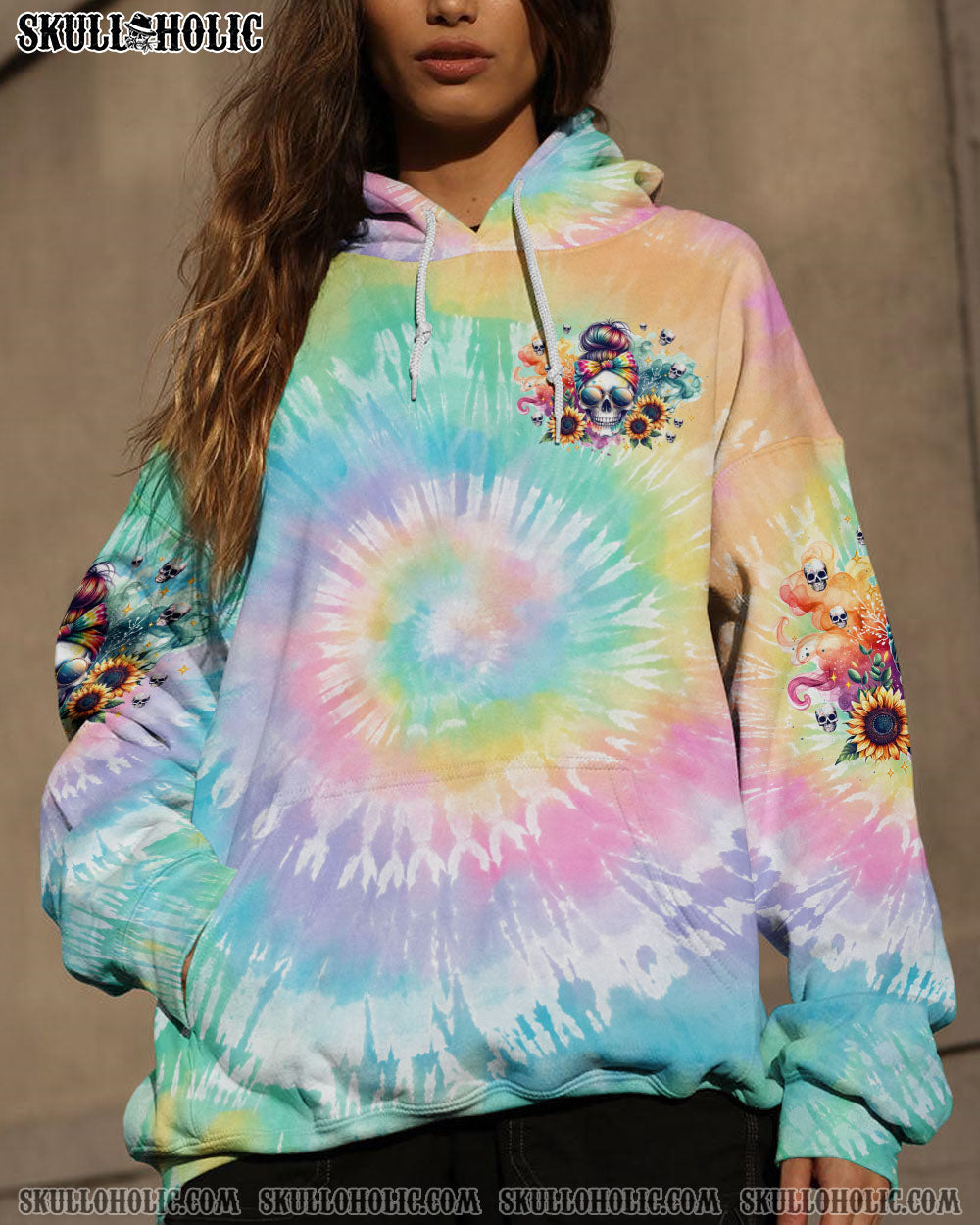 BLISSCORNERS SHE IS SUNSHINE SKULL MESSY BUN ALL OVER PRINT