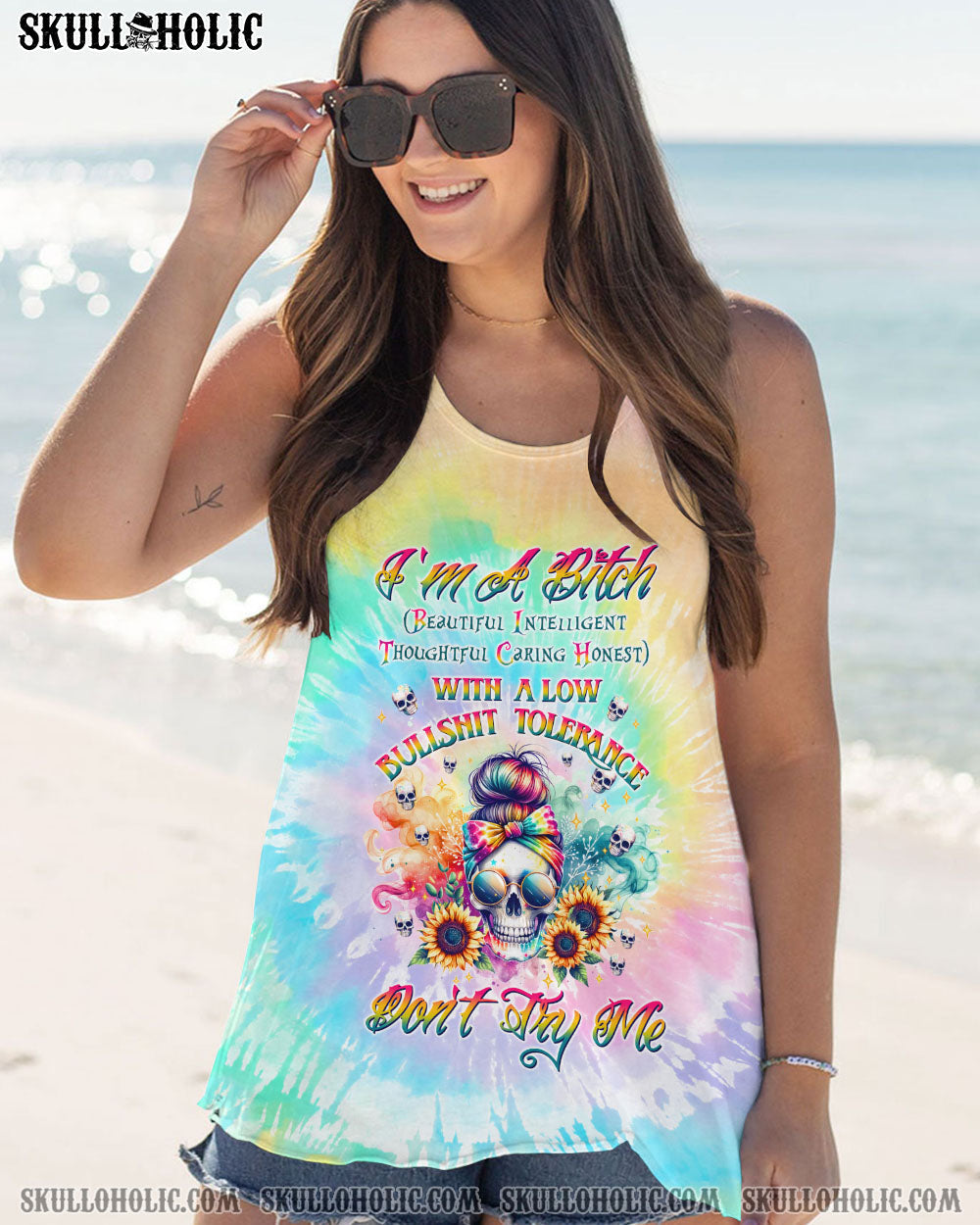 BLISSCORNERS SHE IS SUNSHINE SKULL MESSY BUN ALL OVER PRINT