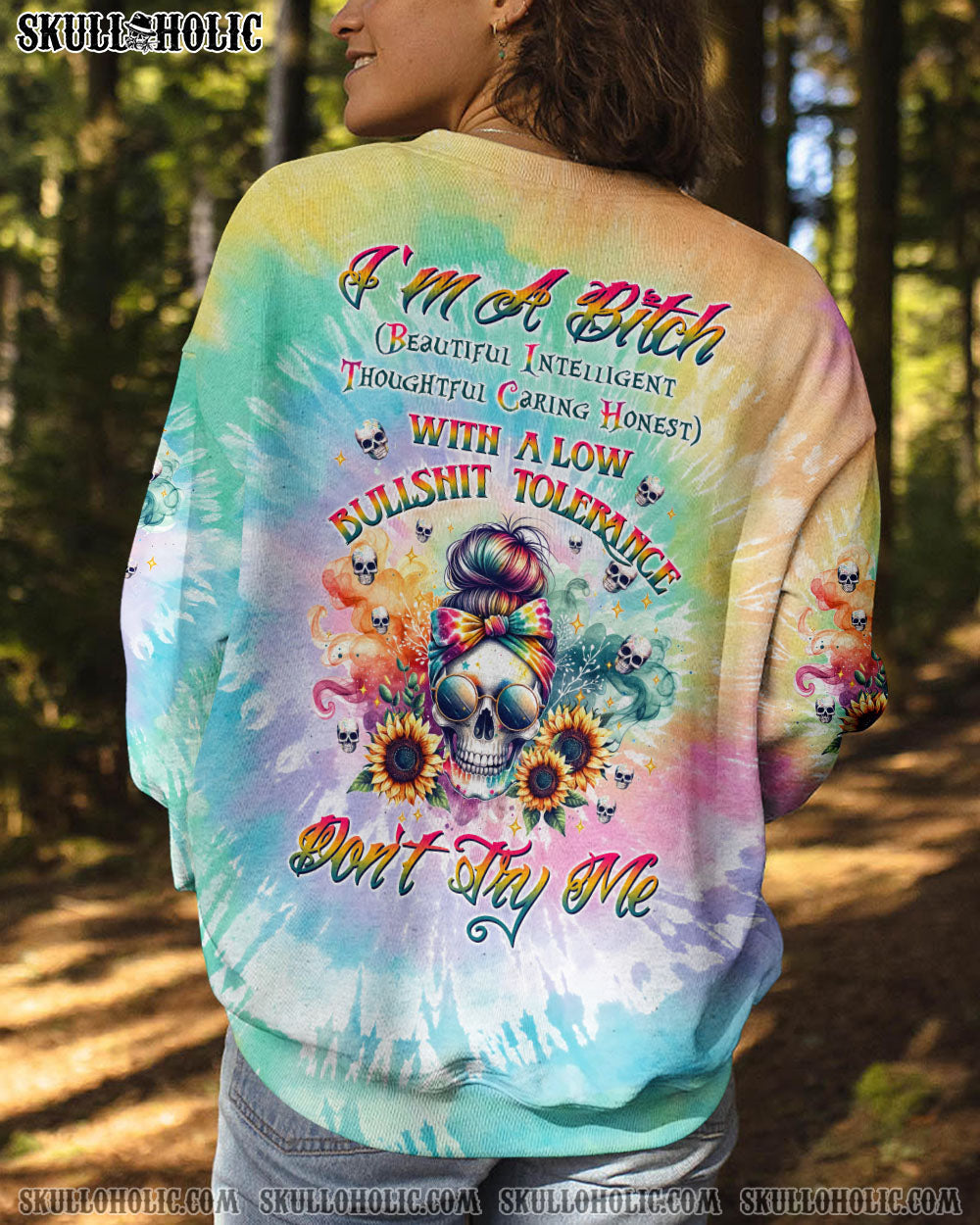 BLISSCORNERS SHE IS SUNSHINE SKULL MESSY BUN ALL OVER PRINT