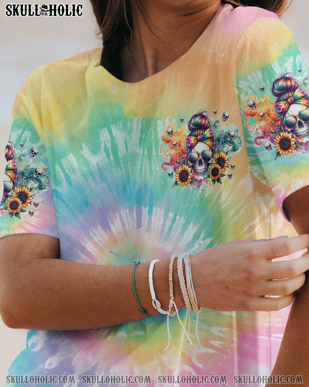 BLISSCORNERS SHE IS SUNSHINE SKULL MESSY BUN ALL OVER PRINT