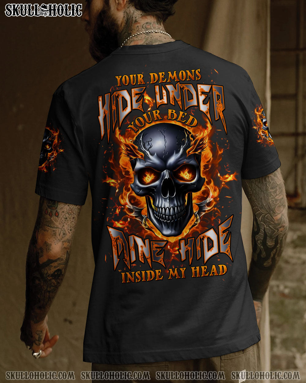 BLISSCORNERS YOUR DEMONS HIDE UNDER YOUR BED FIRE SKULL ALL OVER PRINT