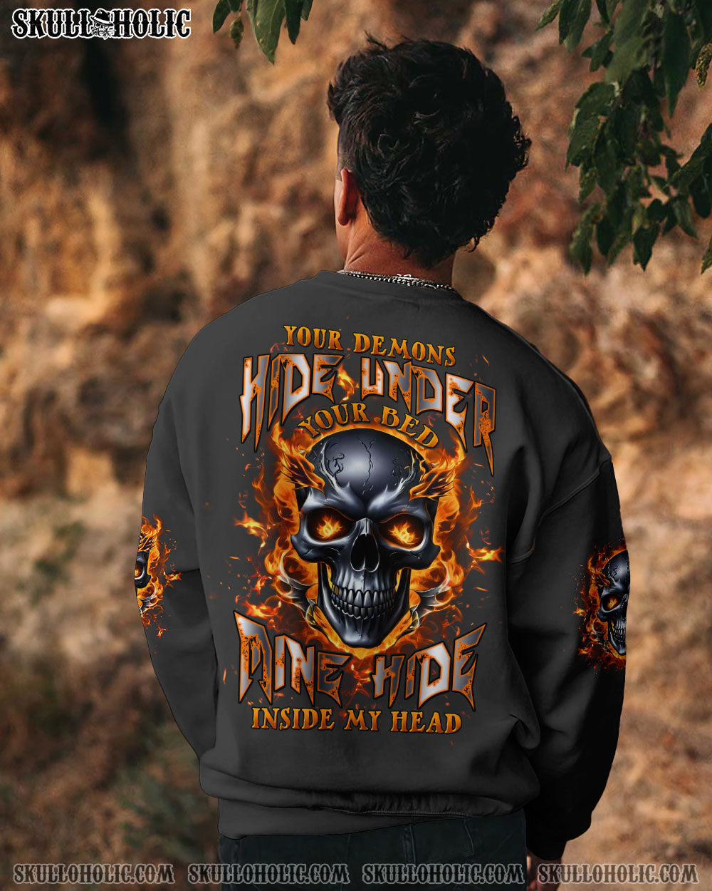 BLISSCORNERS YOUR DEMONS HIDE UNDER YOUR BED FIRE SKULL ALL OVER PRINT