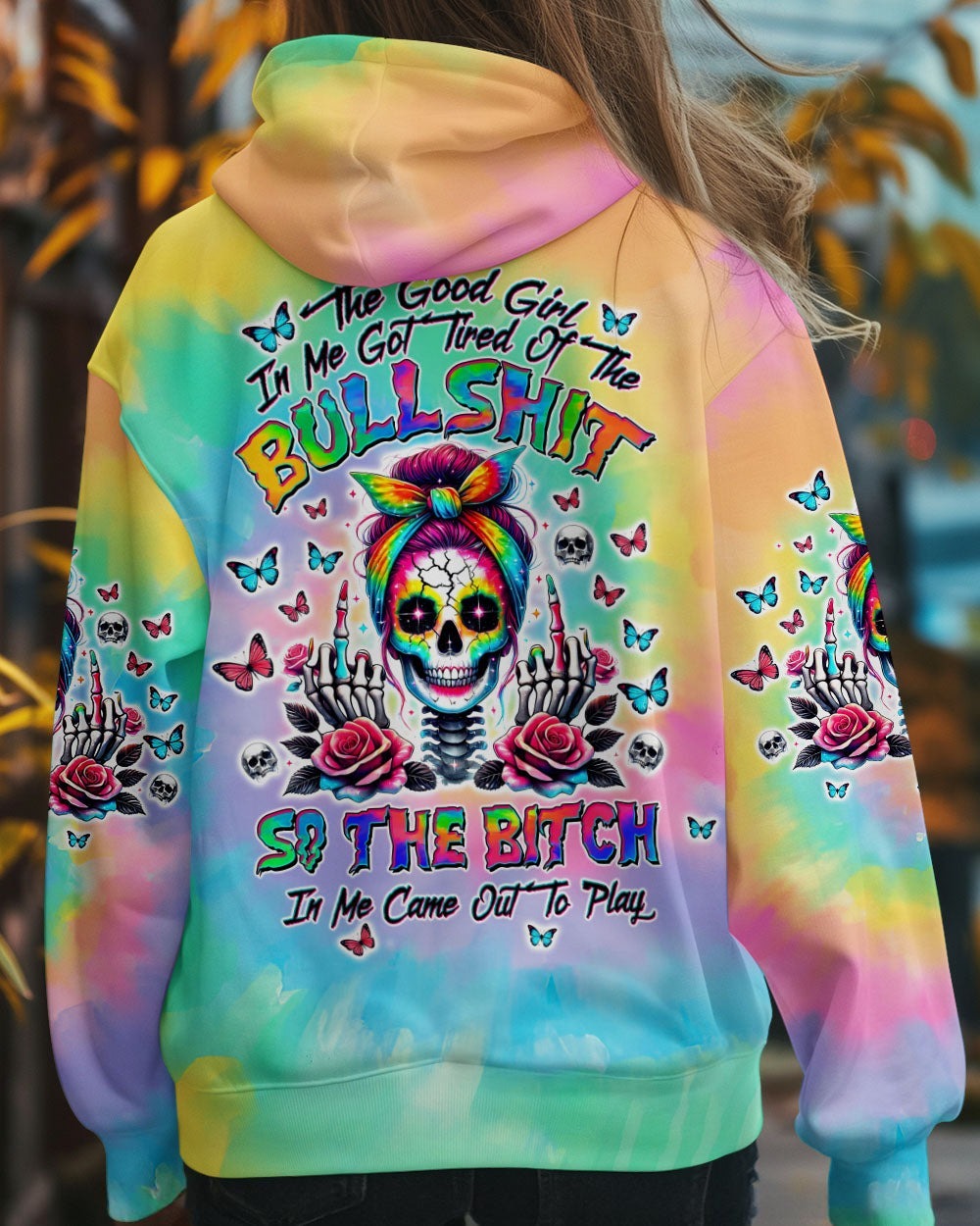BLISSCORNERS HOW HEARTLESS I CAN BE TATTOO SKULL MESSY BUN ALL OVER PRINT