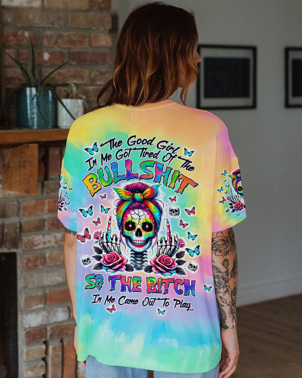 BLISSCORNERS HOW HEARTLESS I CAN BE TATTOO SKULL MESSY BUN ALL OVER PRINT