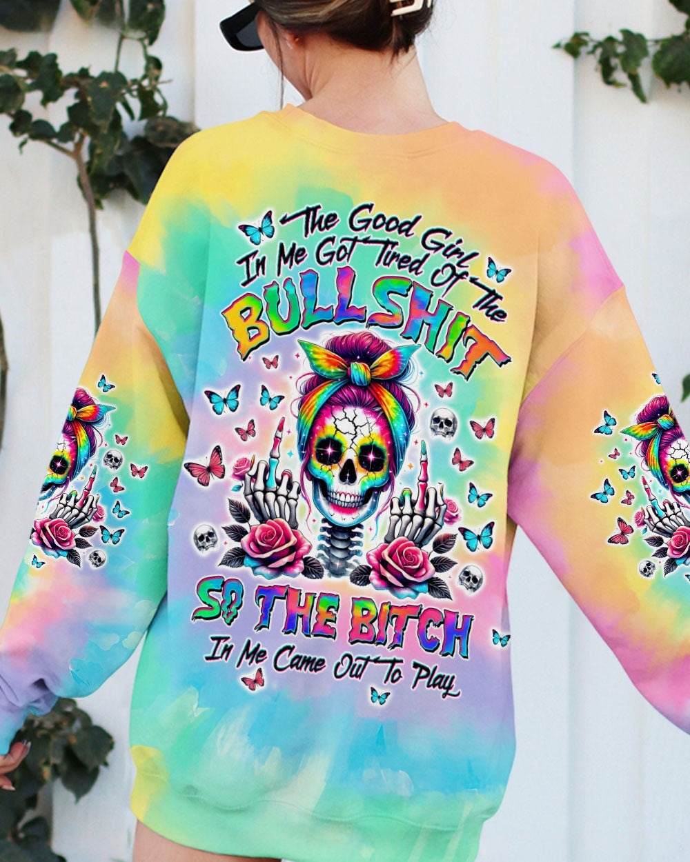 BLISSCORNERS HOW HEARTLESS I CAN BE TATTOO SKULL MESSY BUN ALL OVER PRINT