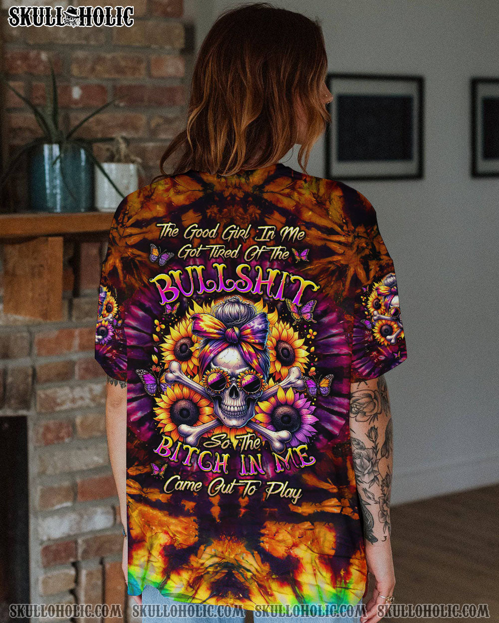 BLISSCORNERS THE GOOD GIRL IN ME MESSY BUN SKULL ALL OVER PRINT