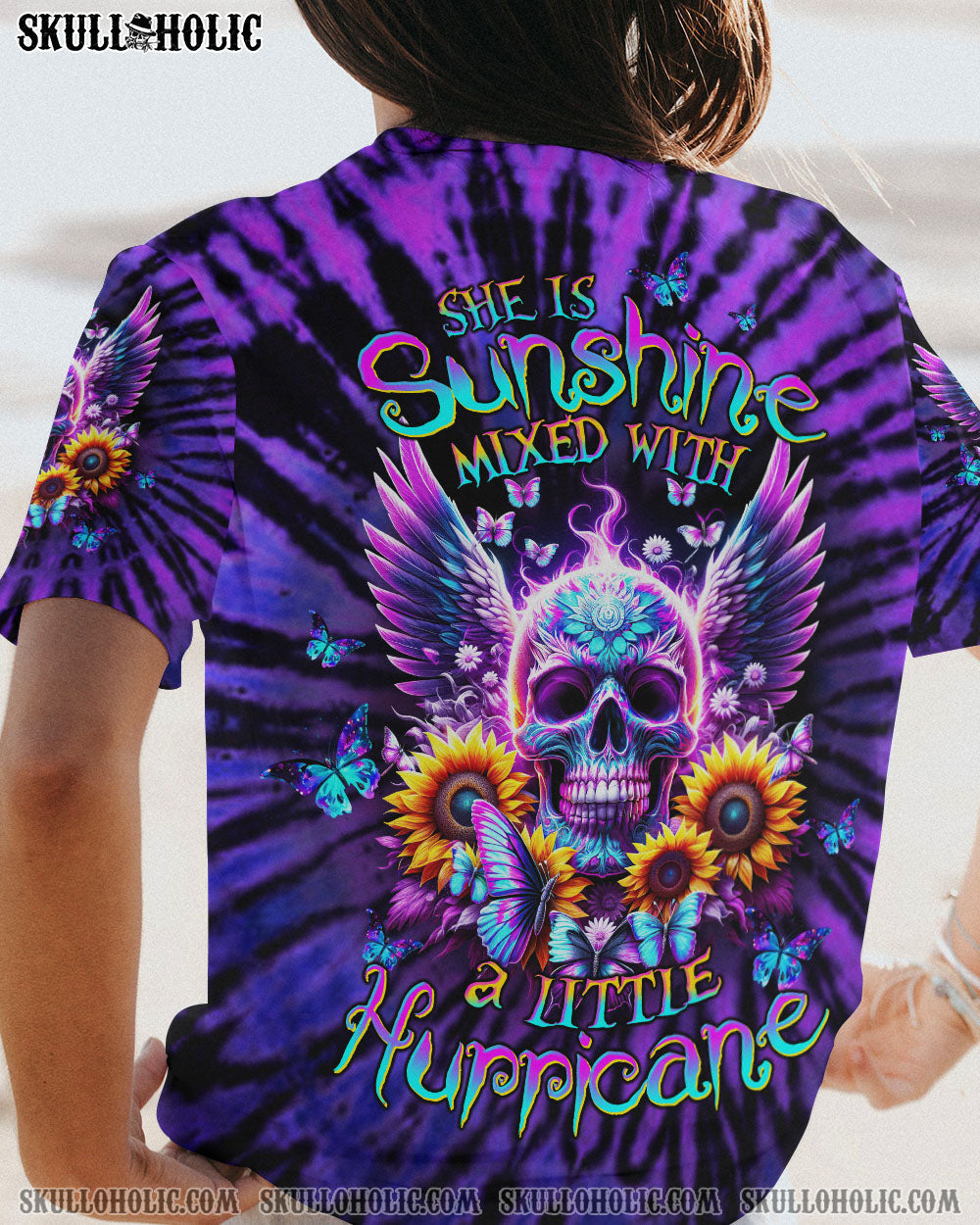 BLISSCORNERS SHE IS SUNSHINE SKULL WINGS SUNFLOWER ALL OVER PRINT
