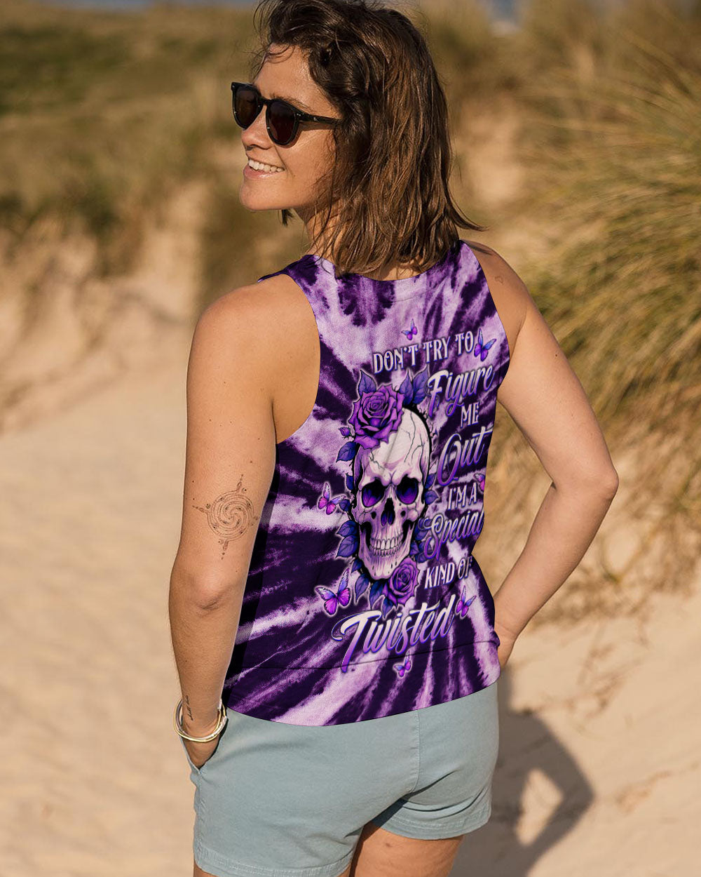 BLISSCORNERS DON'T TRY TO FIGURE ME OUT SKULL PURPLE  TIE DYE ALL OVER PRINT