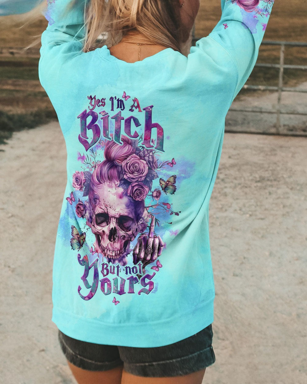 BLISSCORNERS DON'T TRY TO FIGURE ME OUT MESSY BUN SKULL ALL OVER PRINT