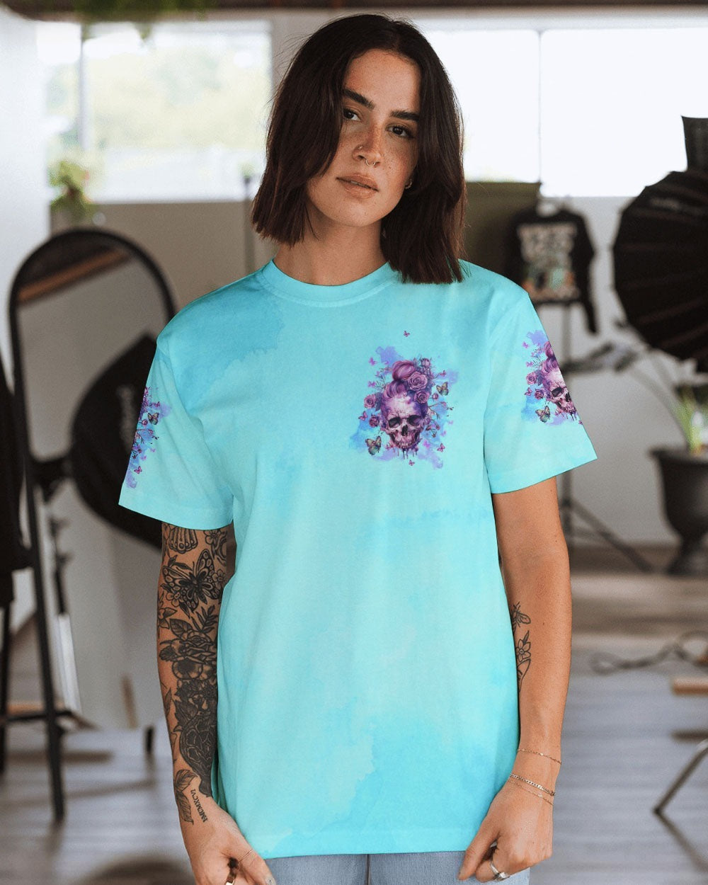BLISSCORNERS DON'T TRY TO FIGURE ME OUT MESSY BUN SKULL ALL OVER PRINT
