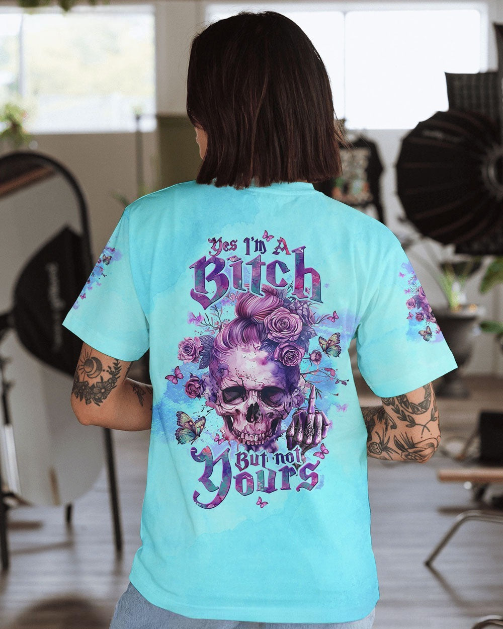 BLISSCORNERS DON'T TRY TO FIGURE ME OUT MESSY BUN SKULL ALL OVER PRINT