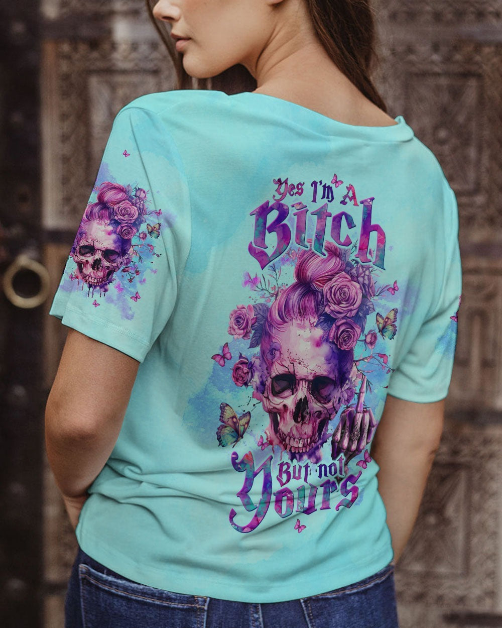 BLISSCORNERS DON'T TRY TO FIGURE ME OUT MESSY BUN SKULL ALL OVER PRINT