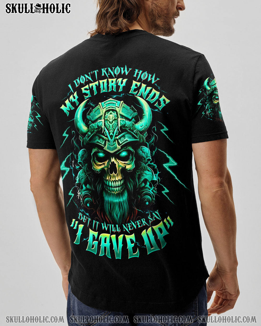 BLISSCORNERS NEVER SAY I GAVE UP SKULL WARRIOR VIKING  ALL OVER PRINT
