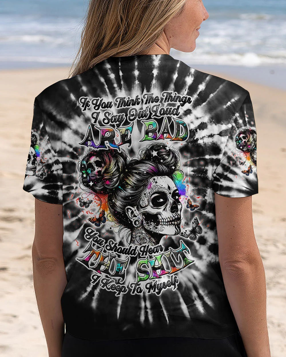 BLISSCORNERS IF YOU THINK THE THINGS I SAY OUT LOUD MESSY BUN SKULL TIE DYE ALL OVER PRINT