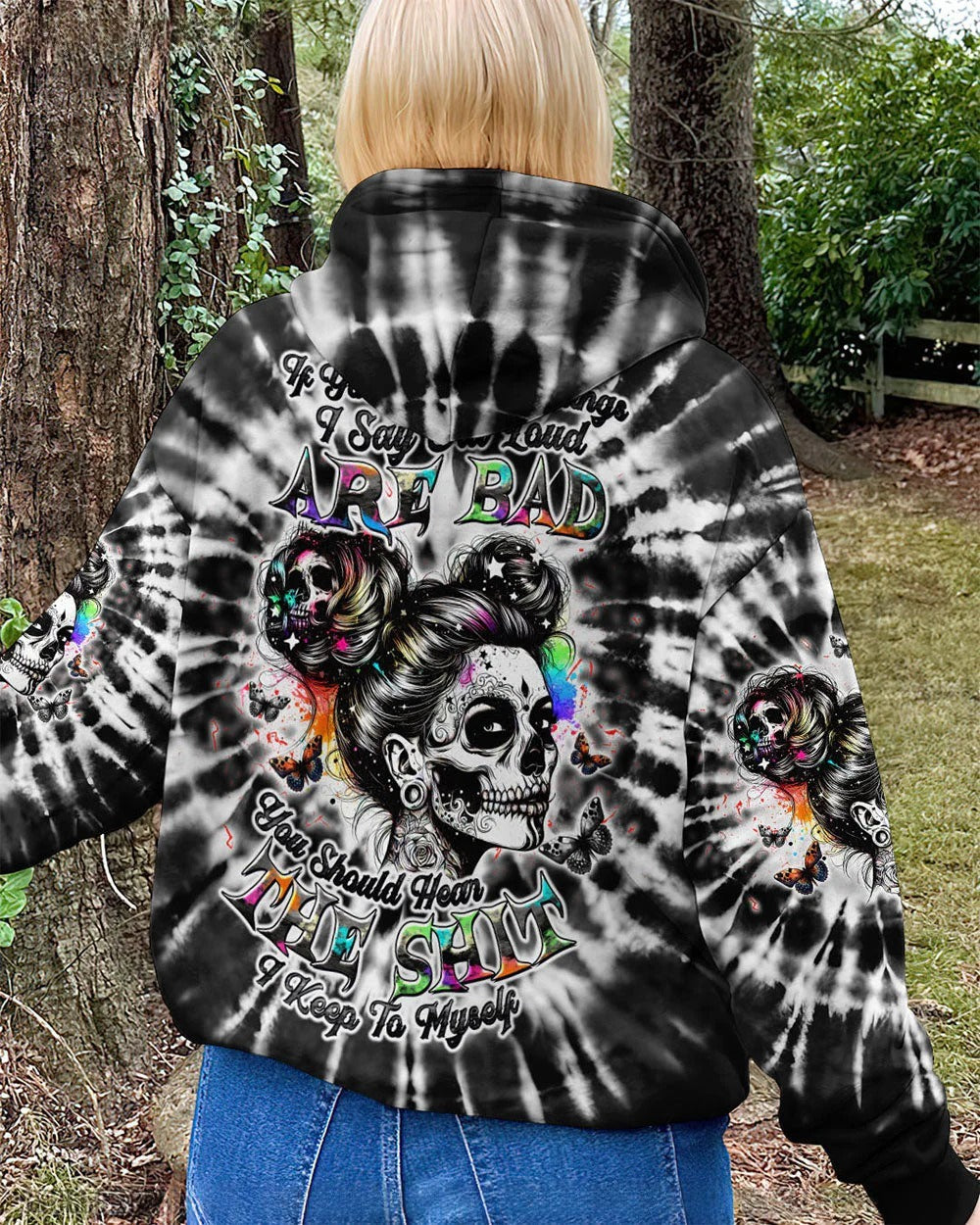 BLISSCORNERS IF YOU THINK THE THINGS I SAY OUT LOUD MESSY BUN SKULL TIE DYE ALL OVER PRINT
