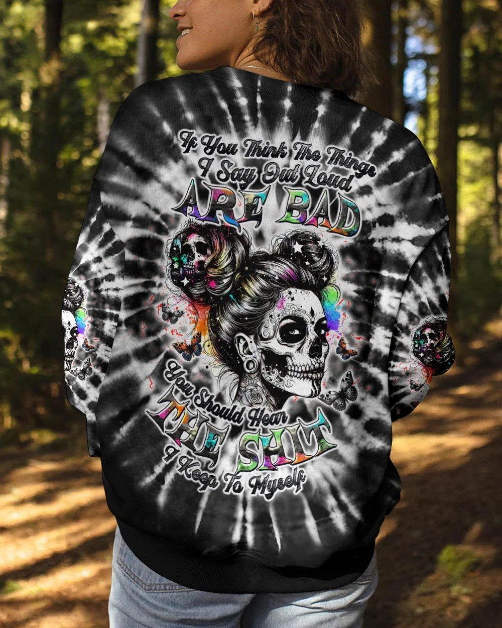 BLISSCORNERS IF YOU THINK THE THINGS I SAY OUT LOUD MESSY BUN SKULL TIE DYE ALL OVER PRINT