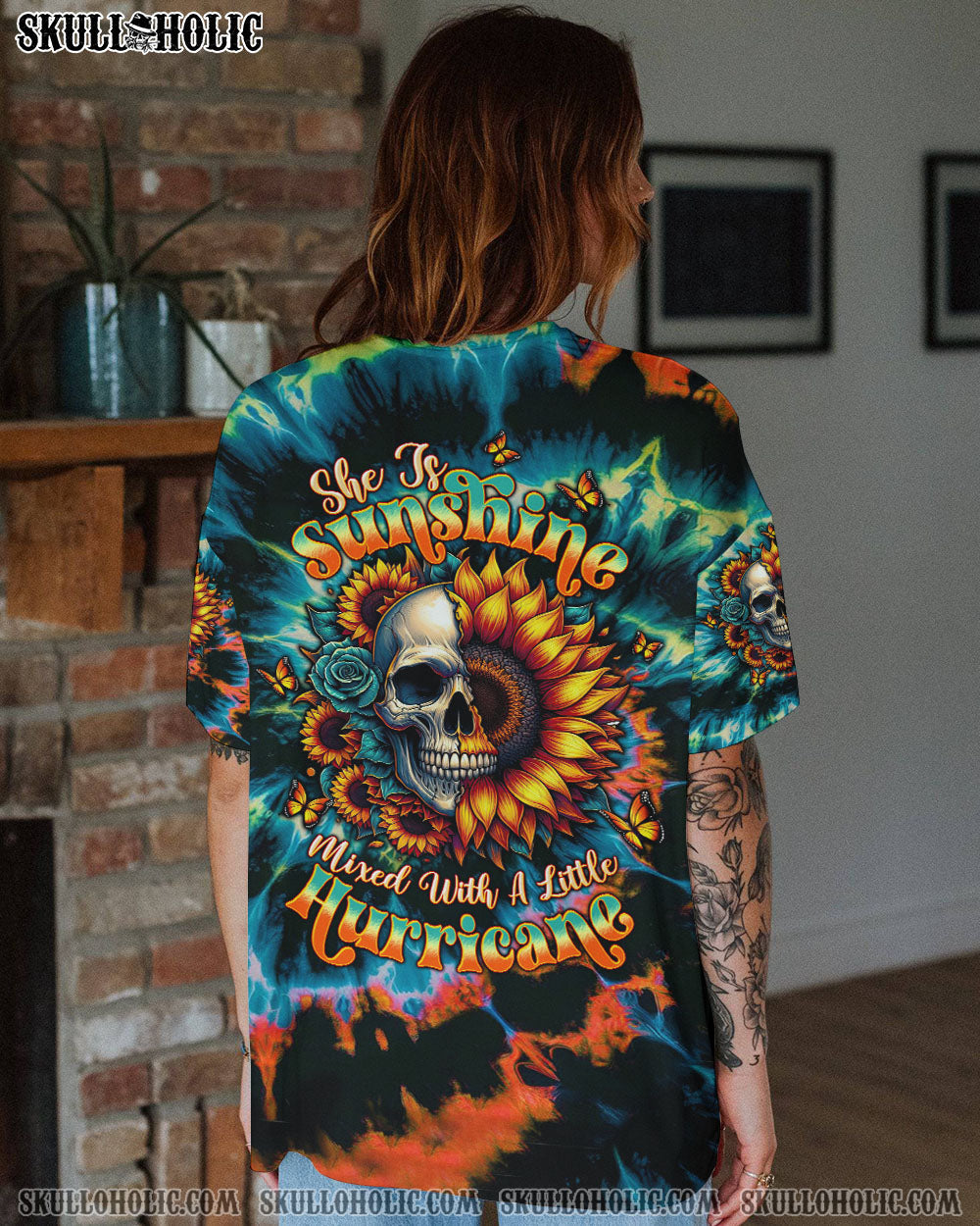 BLISSCORNERS SHE IS SUNSHINE SUNFLOWER SKULL TIE DYE  ALL OVER PRINT