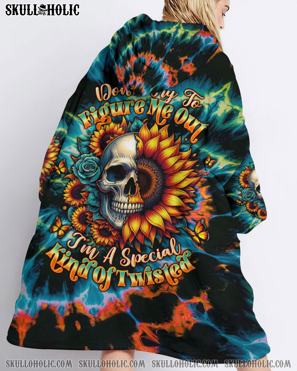 BLISSCORNERS DON'T TRY TO FIGURE ME OUT SKULL SUNFLOWER SHERPA BLANKET HOODIE