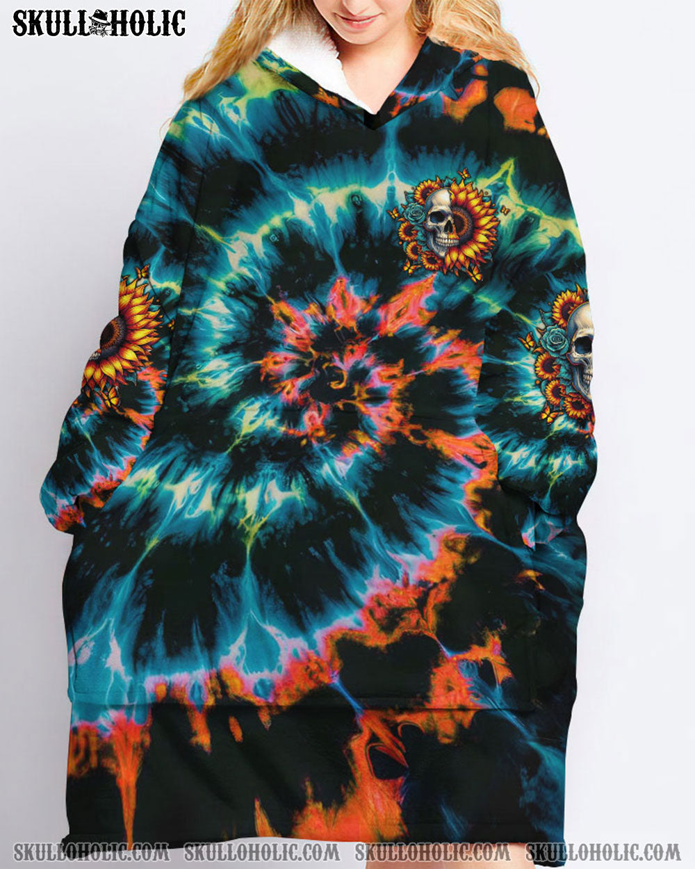 BLISSCORNERS DON'T TRY TO FIGURE ME OUT SKULL SUNFLOWER SHERPA BLANKET HOODIE