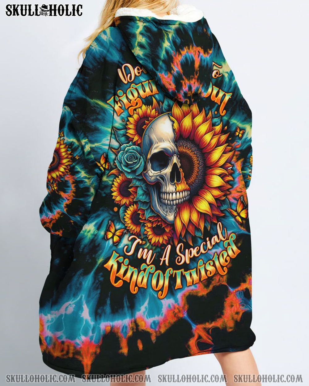 BLISSCORNERS DON'T TRY TO FIGURE ME OUT SKULL SUNFLOWER SHERPA BLANKET HOODIE