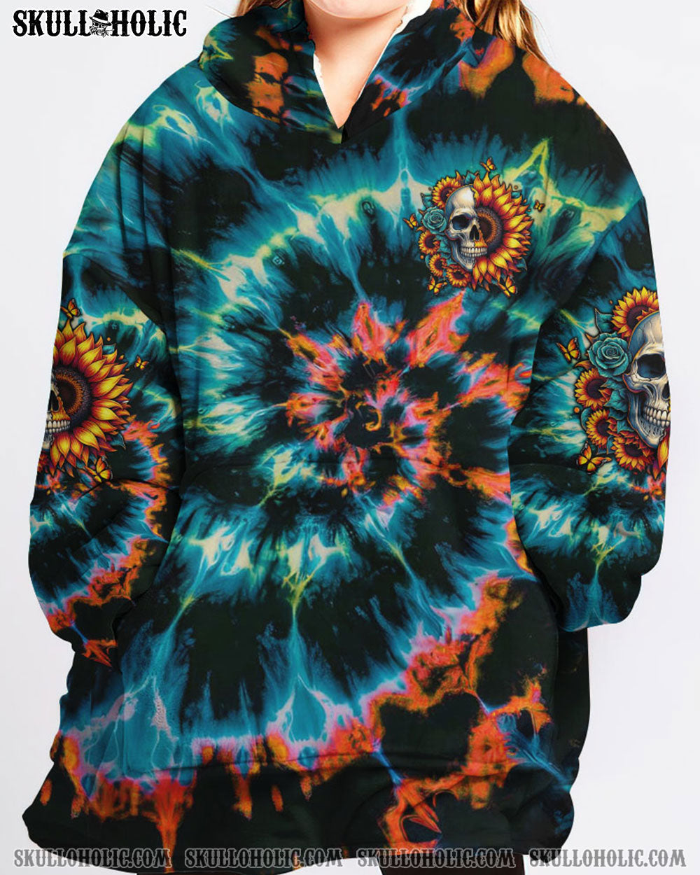 BLISSCORNERS DON'T TRY TO FIGURE ME OUT SKULL SUNFLOWER SHERPA BLANKET HOODIE
