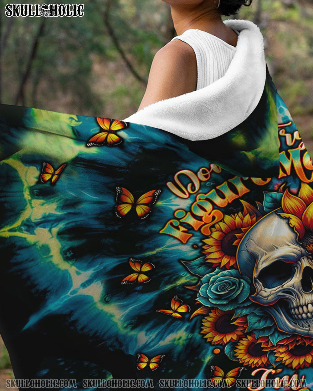 BLISSCORNERS DON'T TRY TO FIGURE ME OUT SKULL SUNFLOWER SHERPA BLANKET HOODIE