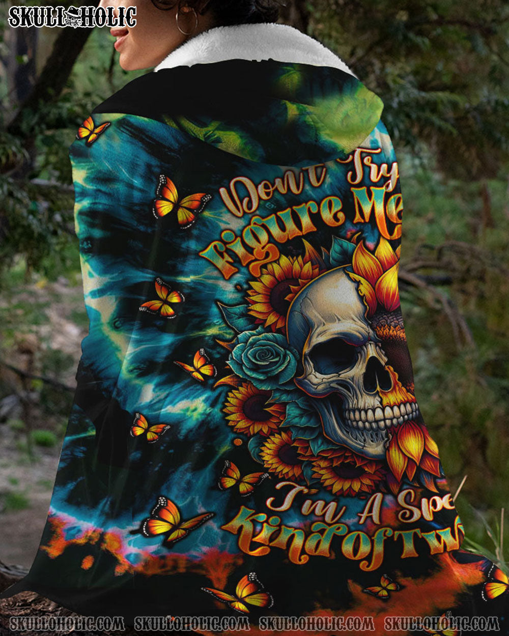 BLISSCORNERS DON'T TRY TO FIGURE ME OUT SKULL SUNFLOWER SHERPA BLANKET HOODIE