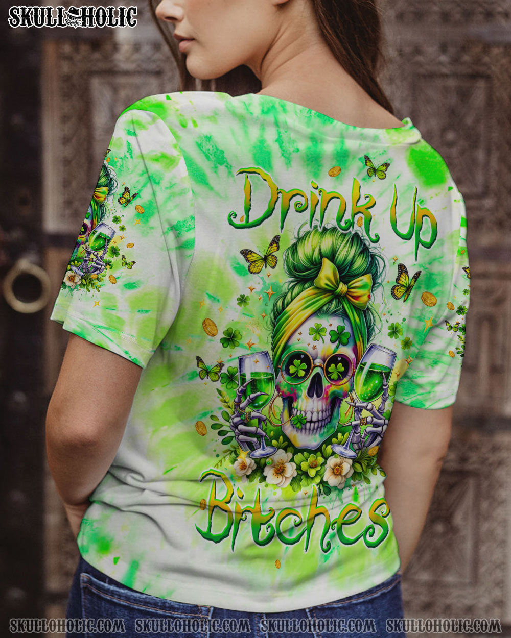BLISSCORNERS ONE LUCKY MAMA MESSY BUN SKULL PATRICK'S DAY ALL OVER PRINT