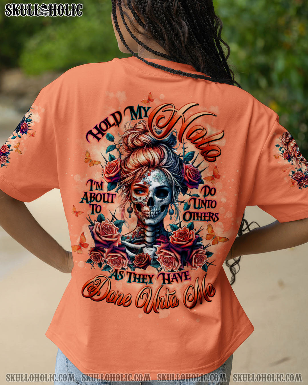 BLISSCORNERS HOLD MY HALO SKULL MESSY BUN ALL OVER PRINT