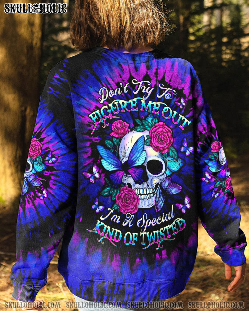 BLISSCORNERS DON'T TRY TO FIGURE ME OUT SKULL ROSE BUTTERFLY TIE DYE ALL OVER PRINT