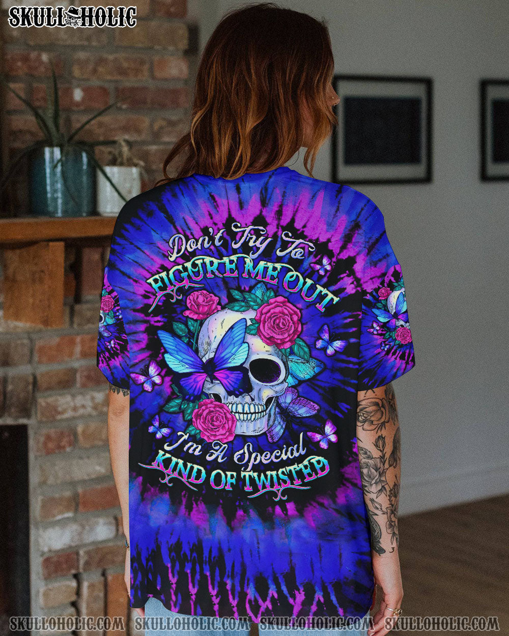 BLISSCORNERS DON'T TRY TO FIGURE ME OUT SKULL ROSE BUTTERFLY TIE DYE ALL OVER PRINT