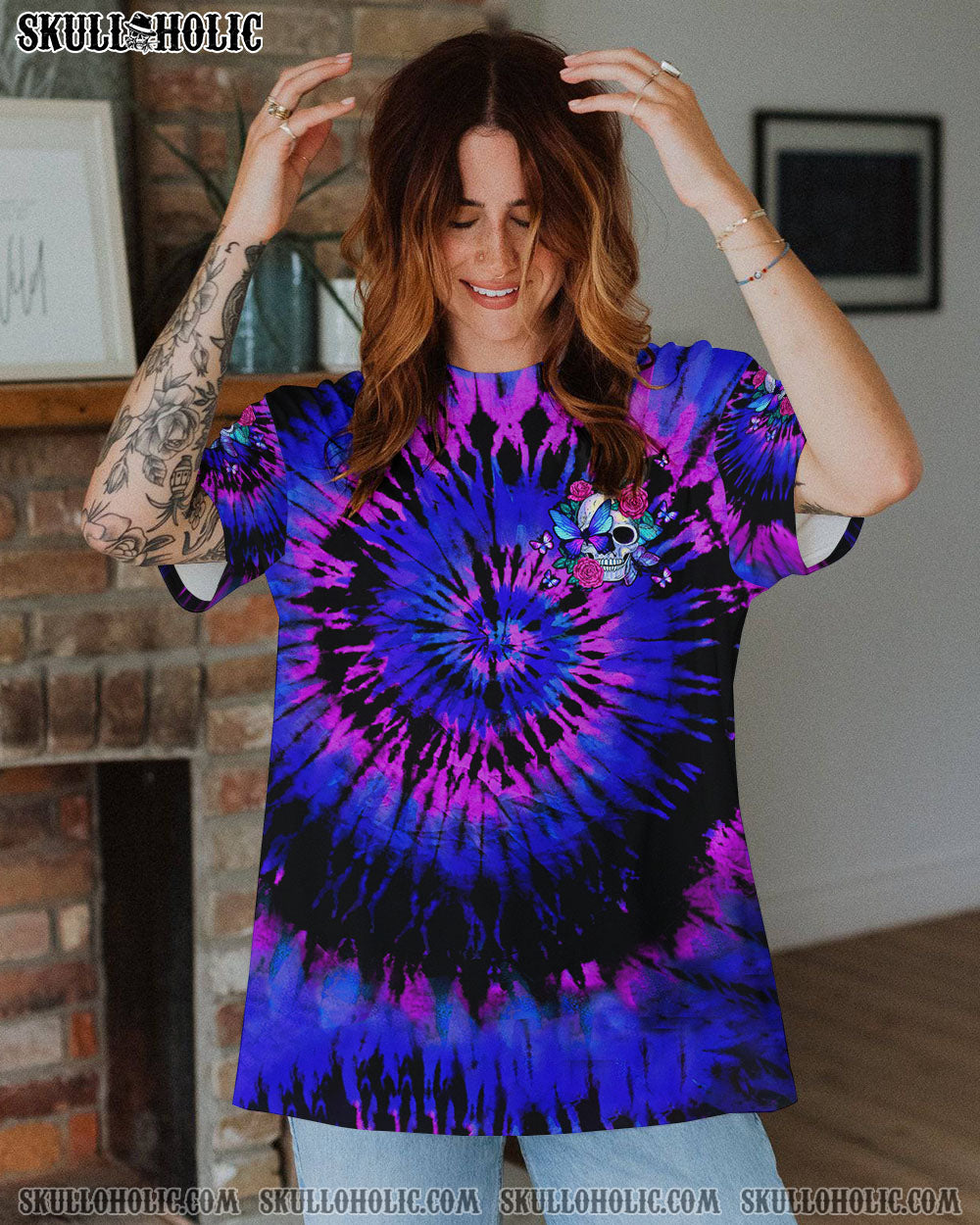 BLISSCORNERS DON'T TRY TO FIGURE ME OUT SKULL ROSE BUTTERFLY TIE DYE ALL OVER PRINT