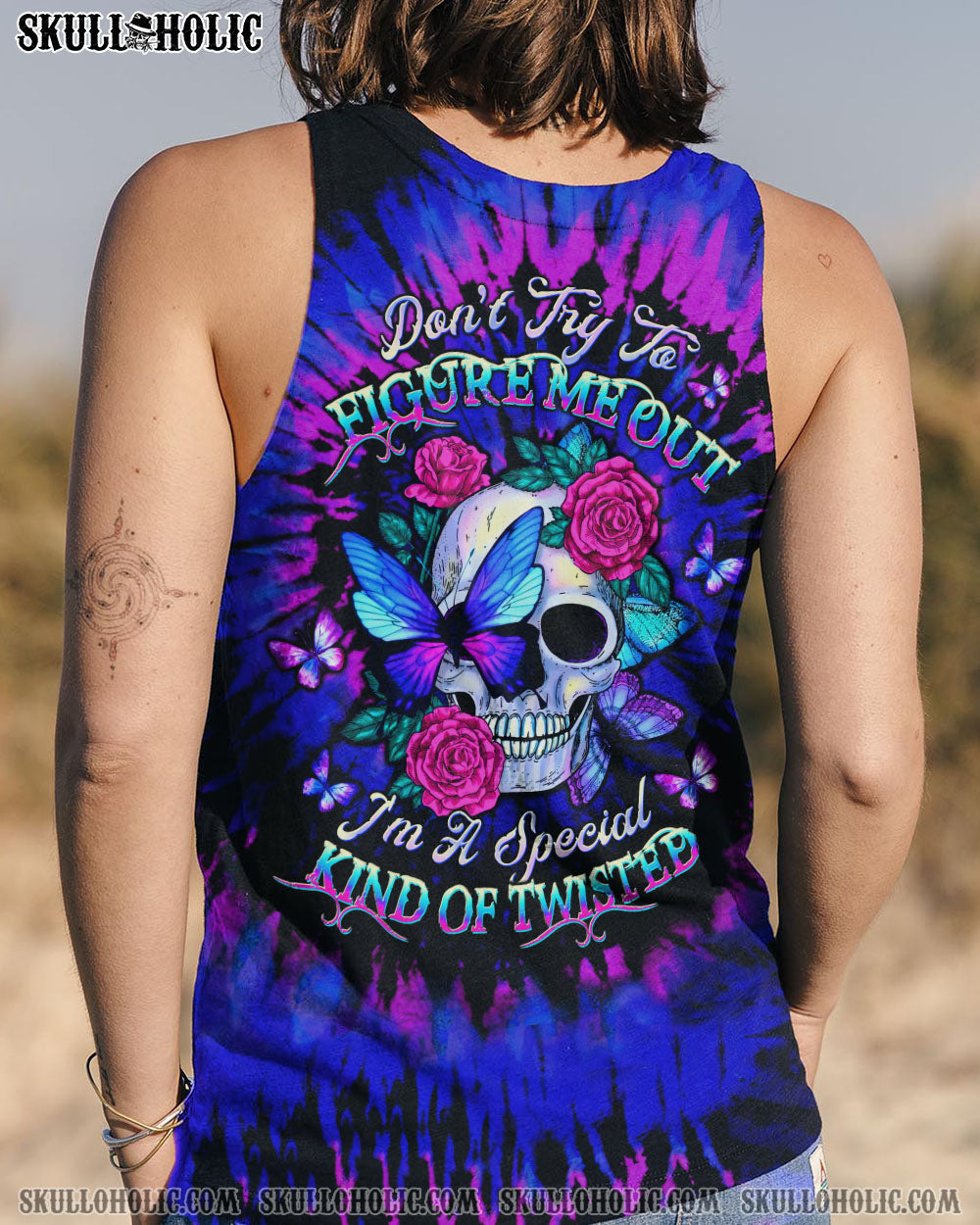 BLISSCORNERS DON'T TRY TO FIGURE ME OUT SKULL ROSE BUTTERFLY TIE DYE ALL OVER PRINT
