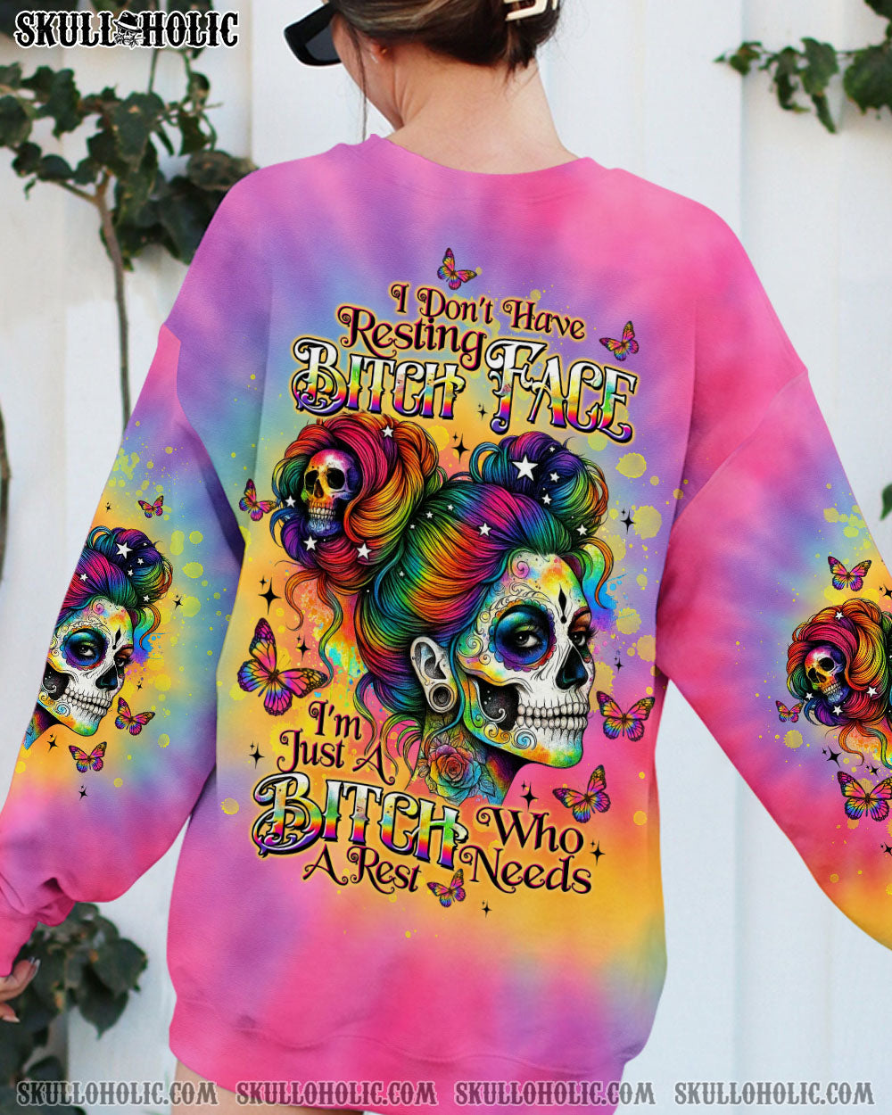 BLISSCORNERS I DON'T HAVE RESTING B FACE SKULL TIE DYE ALL OVER PRINT