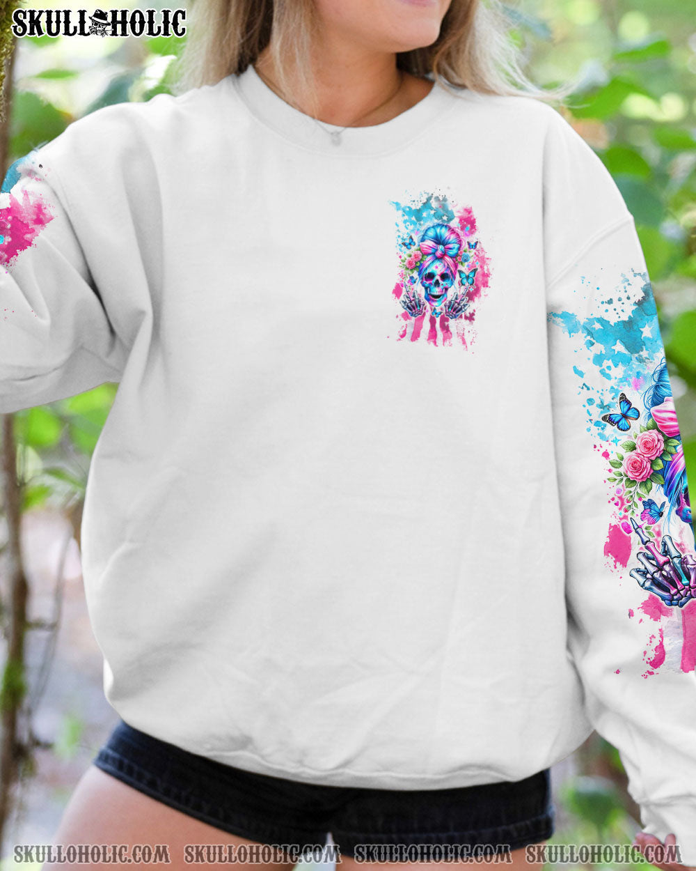 BLISSCORNERS B DUST I SPRINKLE THAT S ON EVERYTHING SKULL MESSY BUN WINGS ALL OVER PRINT