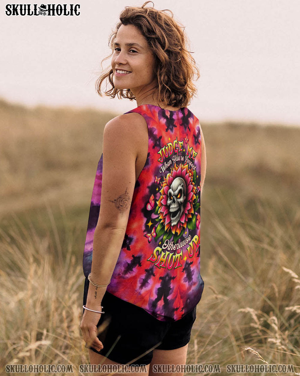BLISSCORNERS JUDGE ME WHEN SKULL FLOWER TIE DYE ALL OVER PRINT