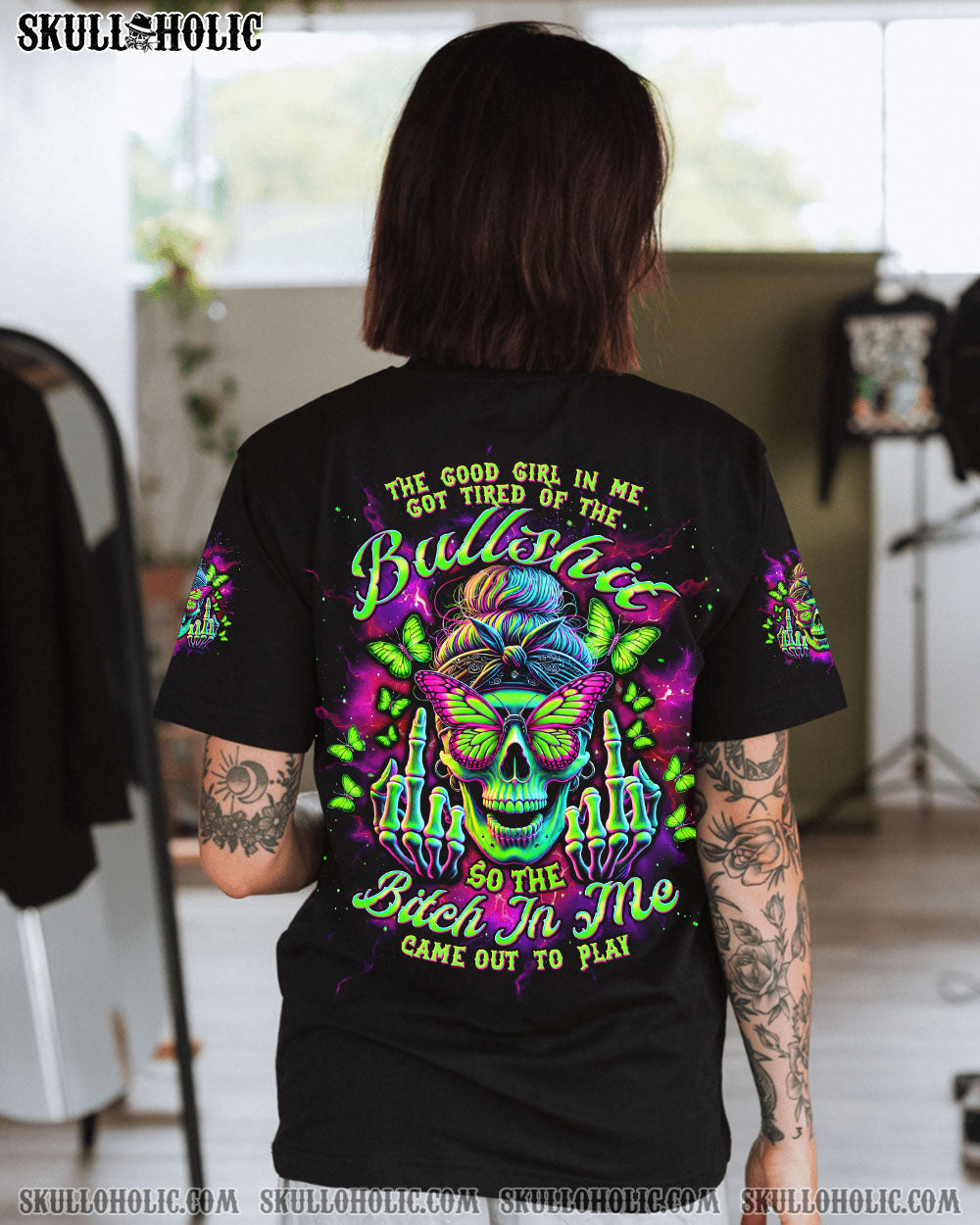BLISSCORNERS THE GOOD GIRL IN ME MESSY BUN SKULL ALL OVER PRINT