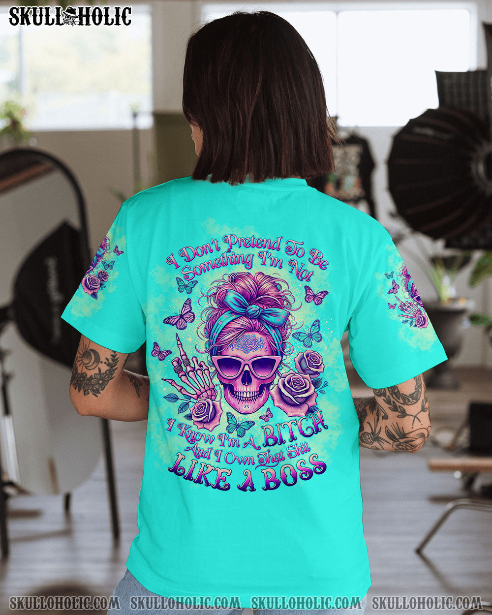 BLISSCORNERS I'M BLUNT BECAUSE GOD ROLLED ME MESSY BUN SKULL ALL OVER PRINT