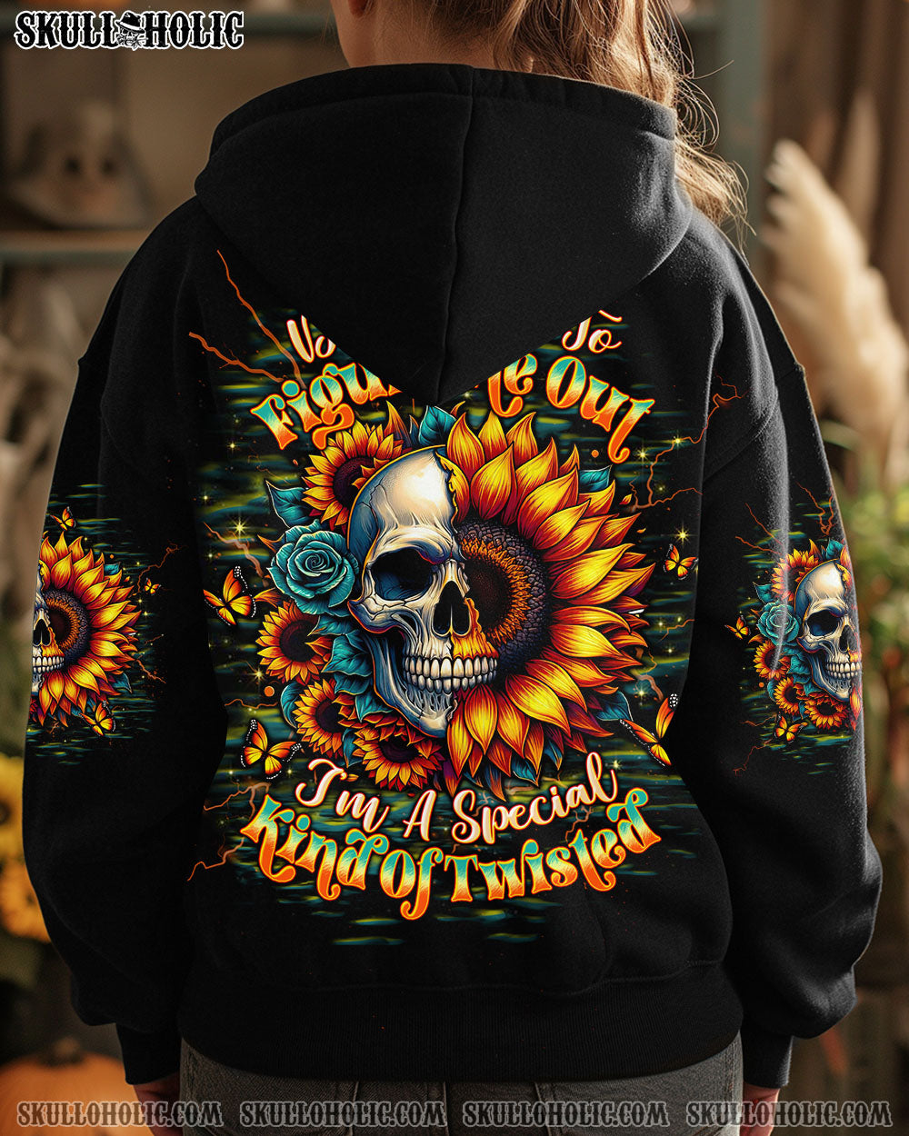 BLISSCORNERS DON'T TRY TO FIGURE ME OUT SKULL SUNFLOWER BLACK ALL OVER PRINT