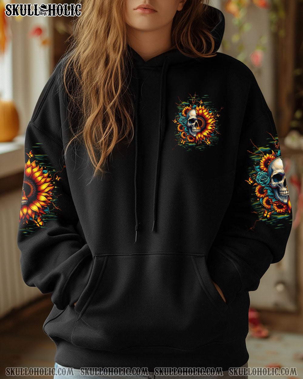 BLISSCORNERS DON'T TRY TO FIGURE ME OUT SKULL SUNFLOWER BLACK ALL OVER PRINT